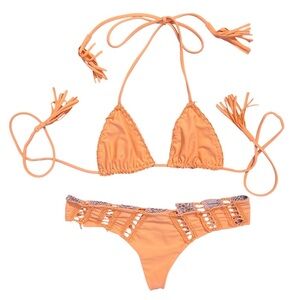 Acacia swimwear string bikini set crochet cheeky tassel orange